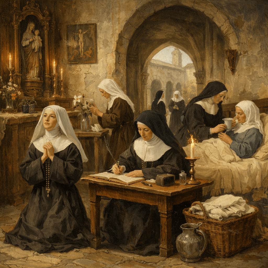 Nuns praying, writing, arranging flowers, and tending a sick nun inside monastery