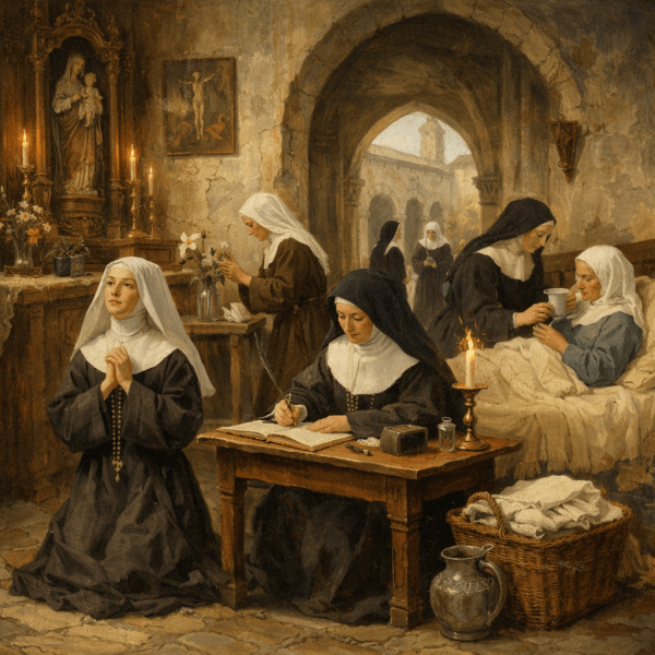 Nuns praying, writing, arranging flowers, and tending a sick nun inside monastery