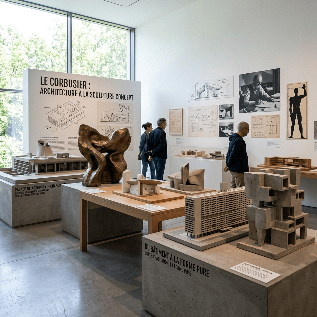 Exhibition of Le Corbusier architectural models, sketches, and sculptures