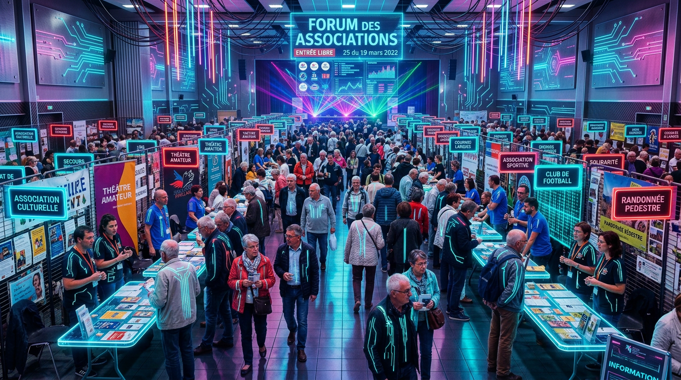 Indoor event with people visiting multiple community association booths marked with signs