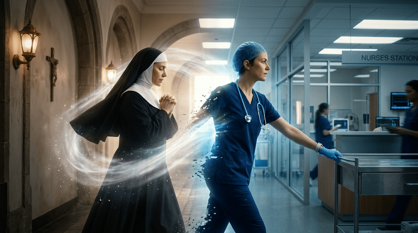 Nun praying with glowing connection to nurse in hospital hallway