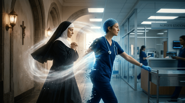 Nun praying with glowing connection to nurse in hospital hallway