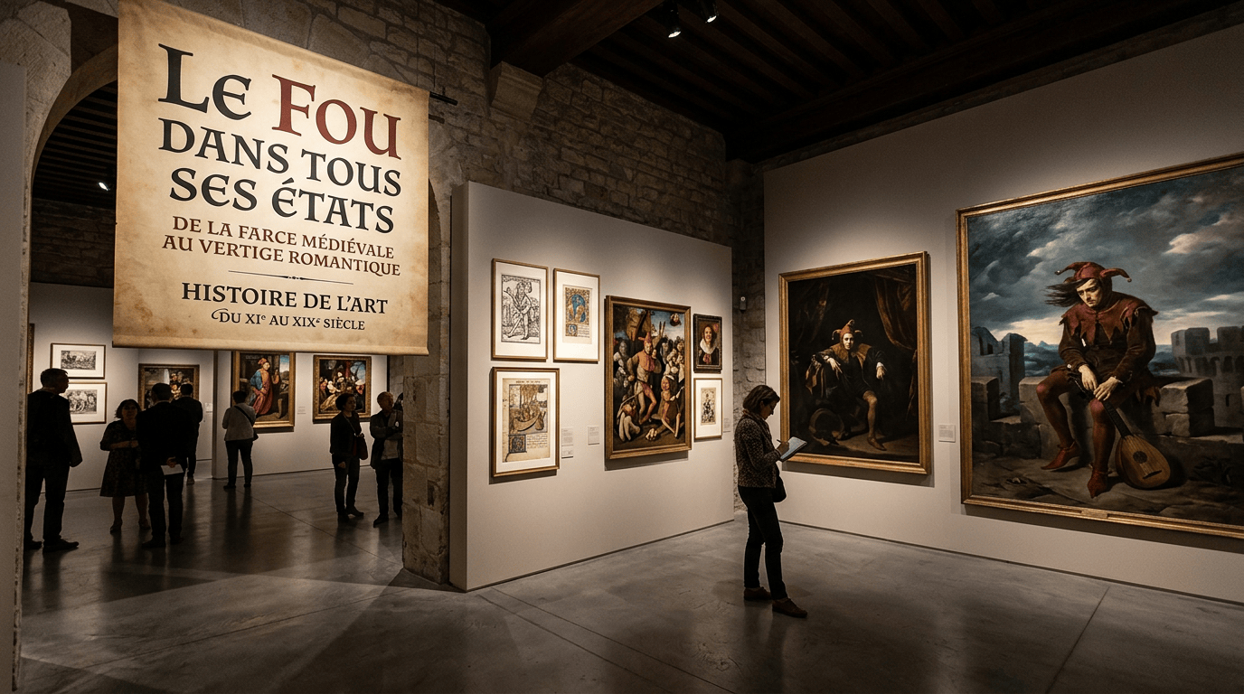 Museum exhibition titled “Le Fou dans tous ses états: De la farce médiévale au vertige romantique, Histoire de l’art du XIe au XIXe siècle,” displaying artworks and visitors.
