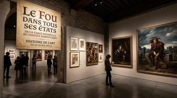 Museum exhibition titled “Le Fou dans tous ses états: De la farce médiévale au vertige romantique, Histoire de l’art du XIe au XIXe siècle,” displaying artworks and visitors.