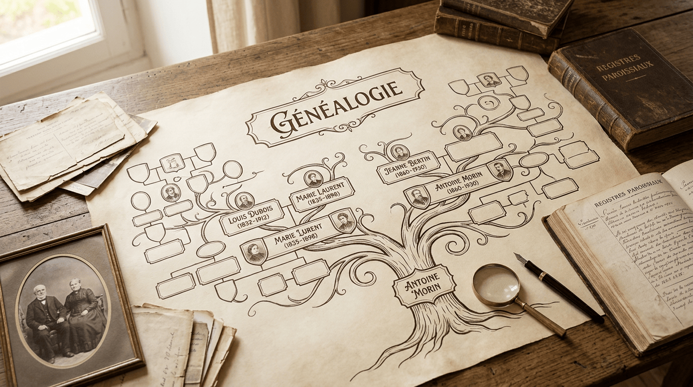 Vintage genealogy chart labeled GÉNÉALOGIE with Morin family names and archival materials