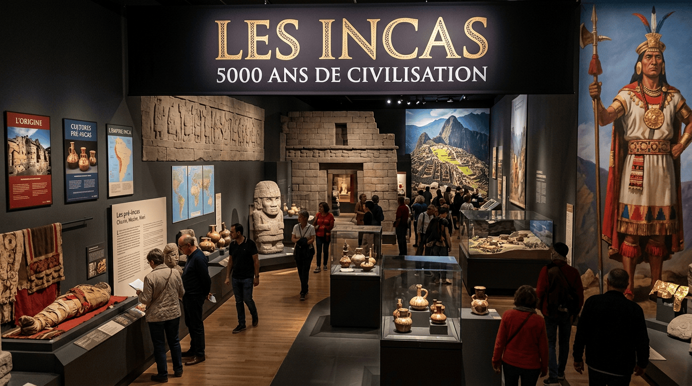 Museum exhibition titled Les Incas, 5000 ans de civilisation with artifacts and visitors