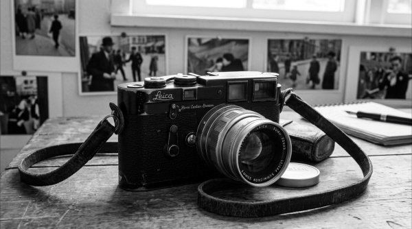 Vintage Leica camera with lens and strap on a table