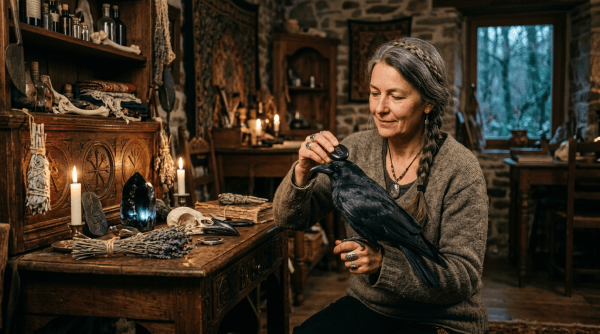 Woman holding a raven beside a candlelit wooden table
